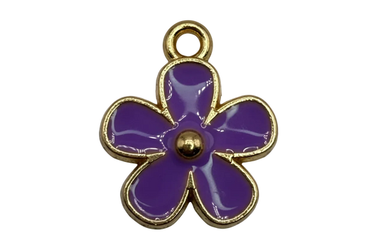 Glossy purple five-petal flower charm with gold outline and domed center on black background