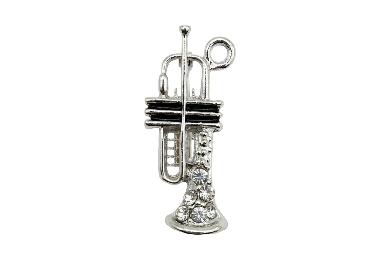 Antique silver safety pin charm with clustered clear crystals at the base