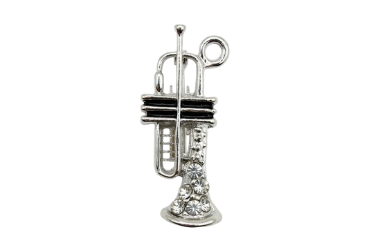Antique silver safety pin charm with clustered clear crystals at the base
