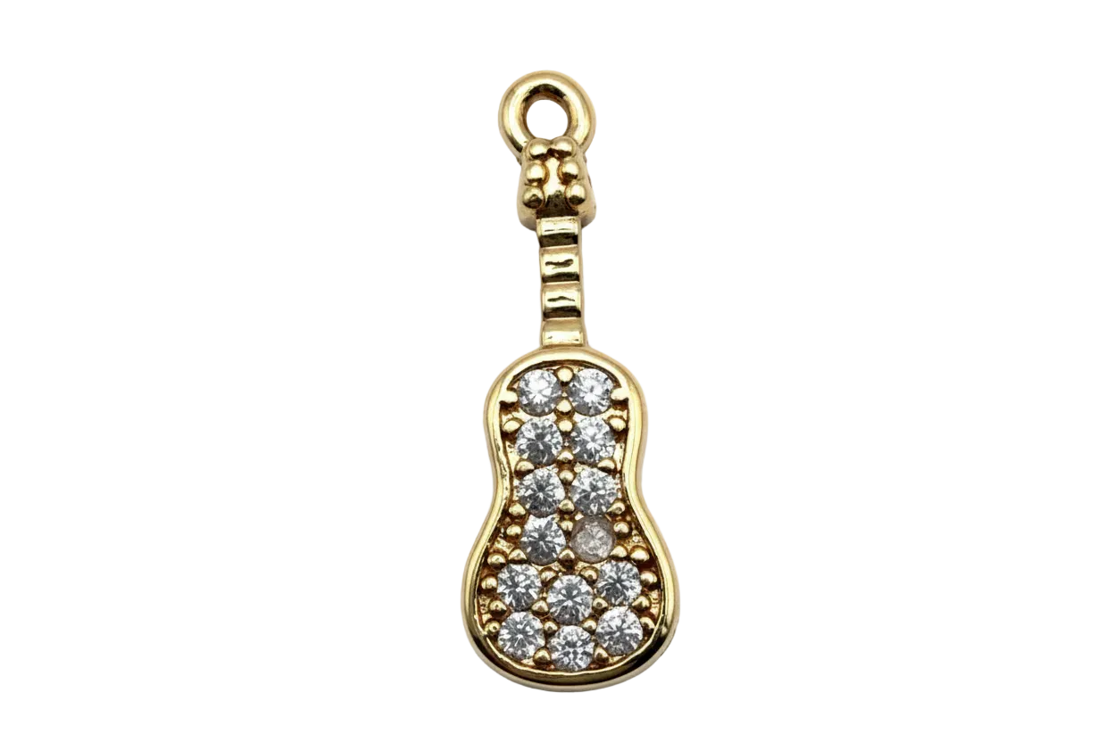 Gold guitar charm with pavé clear crystals and polished finish on black background