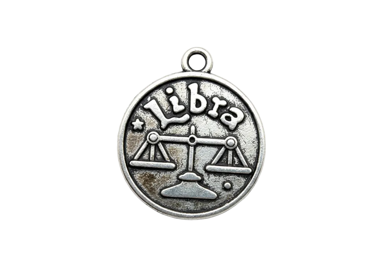 Round antique silver Libra zodiac coin with raised scales symbol and "Libra" text