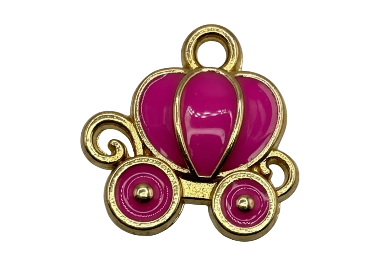 Magenta pumpkin carriage charm with gold outline, scrollwork, and wheel details