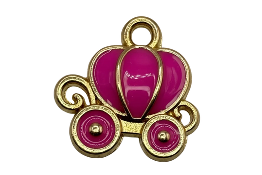 Magenta pumpkin carriage charm with gold outline, scrollwork, and wheel details