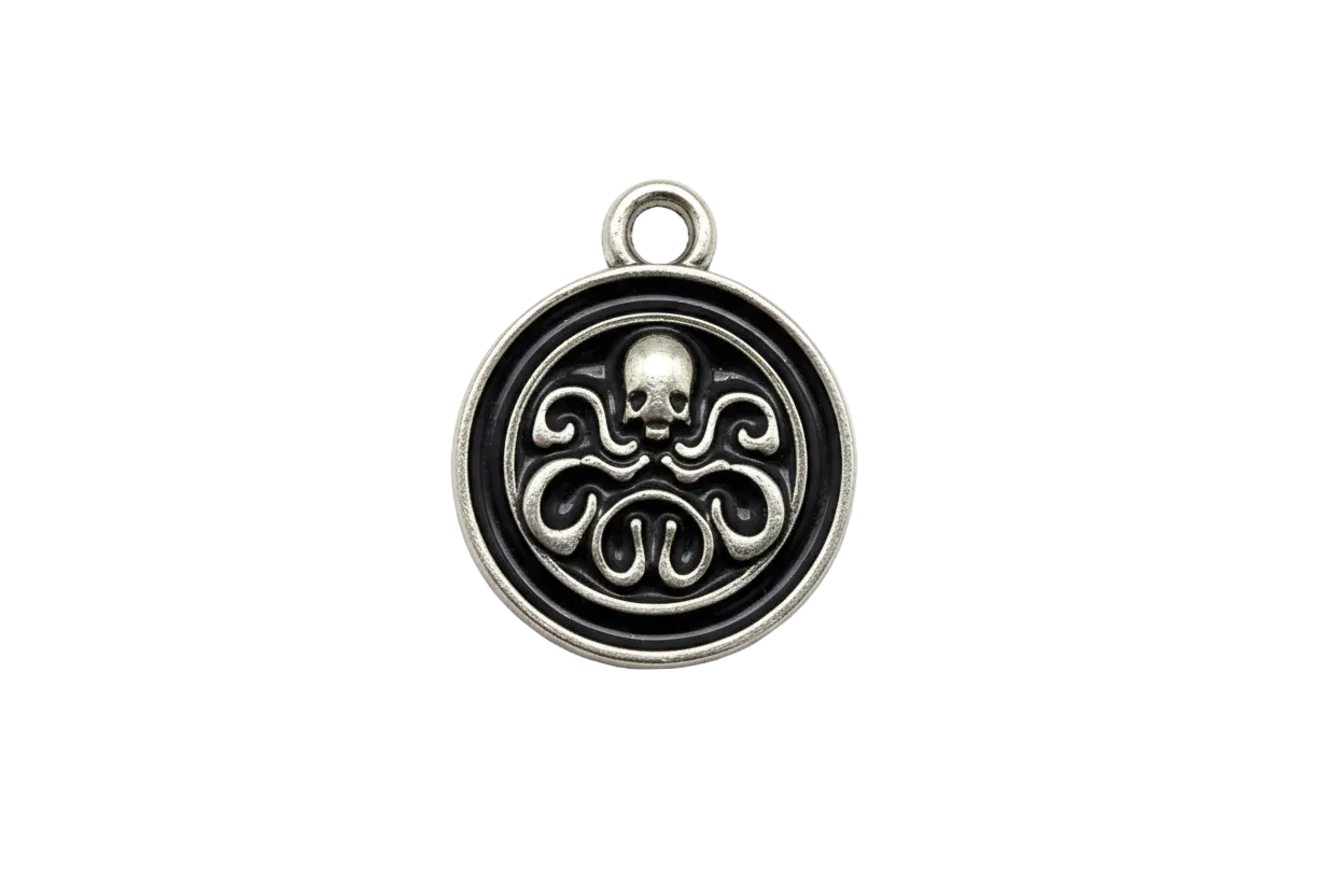 Round octopus medallion in antique silver with glossy black background