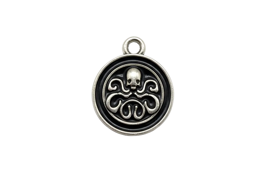 Round octopus medallion in antique silver with glossy black background