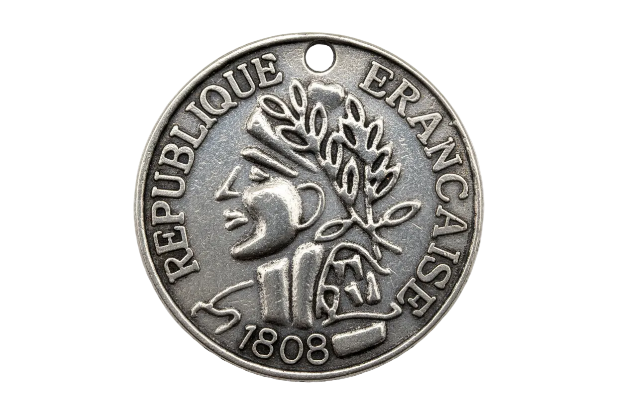 Antiqued silver coin medallion with raised profile, laurel branch, and French lettering