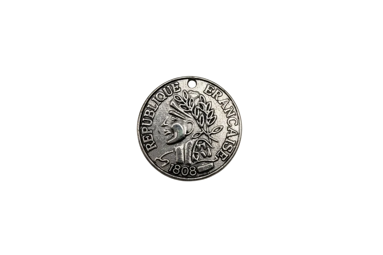 Antiqued silver coin medallion with French lettering