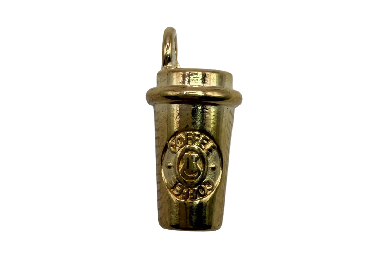 Polished gold mini takeaway coffee cup charm with sculpted lid and embossed seal