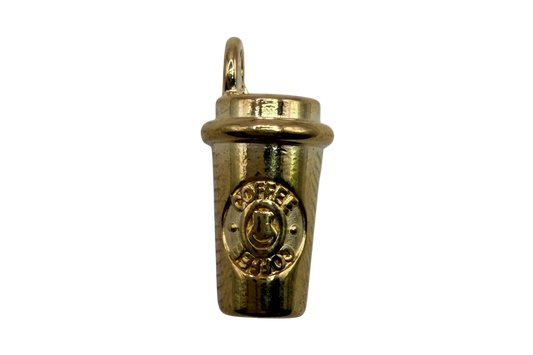 Polished gold mini takeaway coffee cup charm with sculpted lid and embossed seal