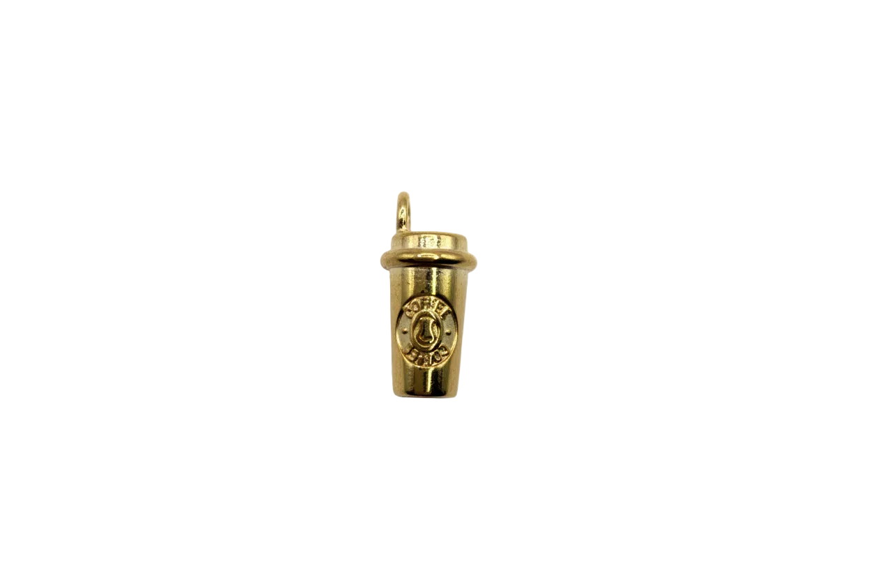 Gold mini takeaway coffee cup charm with embossed seal