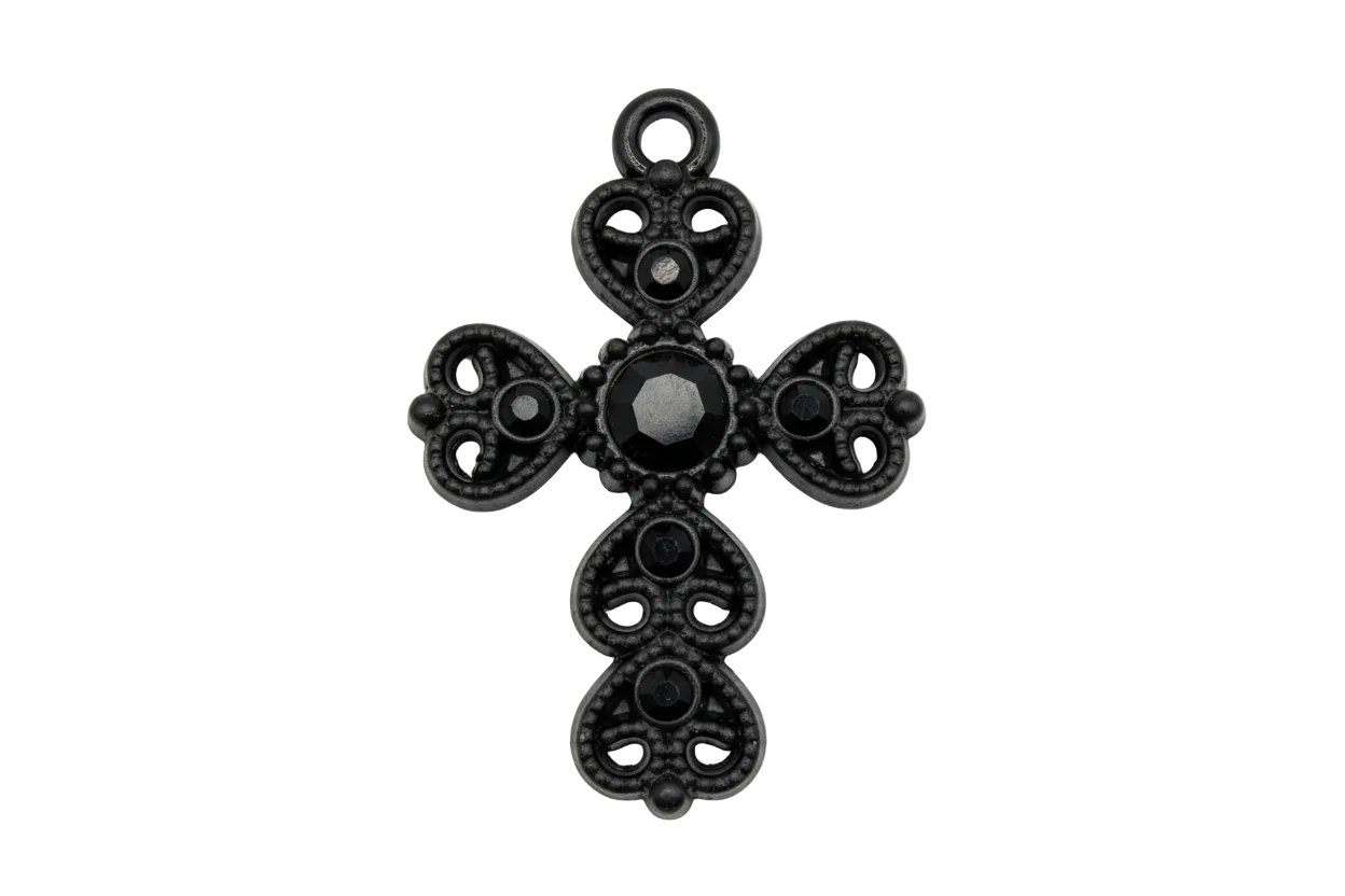 Gunmetal filigree cross with black faceted center gem and small clear crystal accents