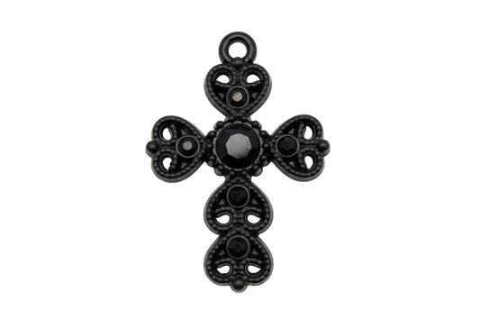 Gunmetal filigree cross with black faceted center gem and small clear crystal accents