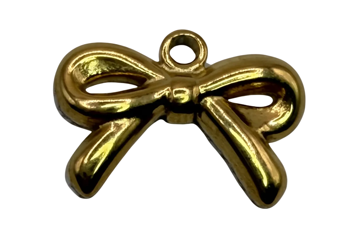 Glossy gold bow ribbon charm with sculpted, rounded loops and tails