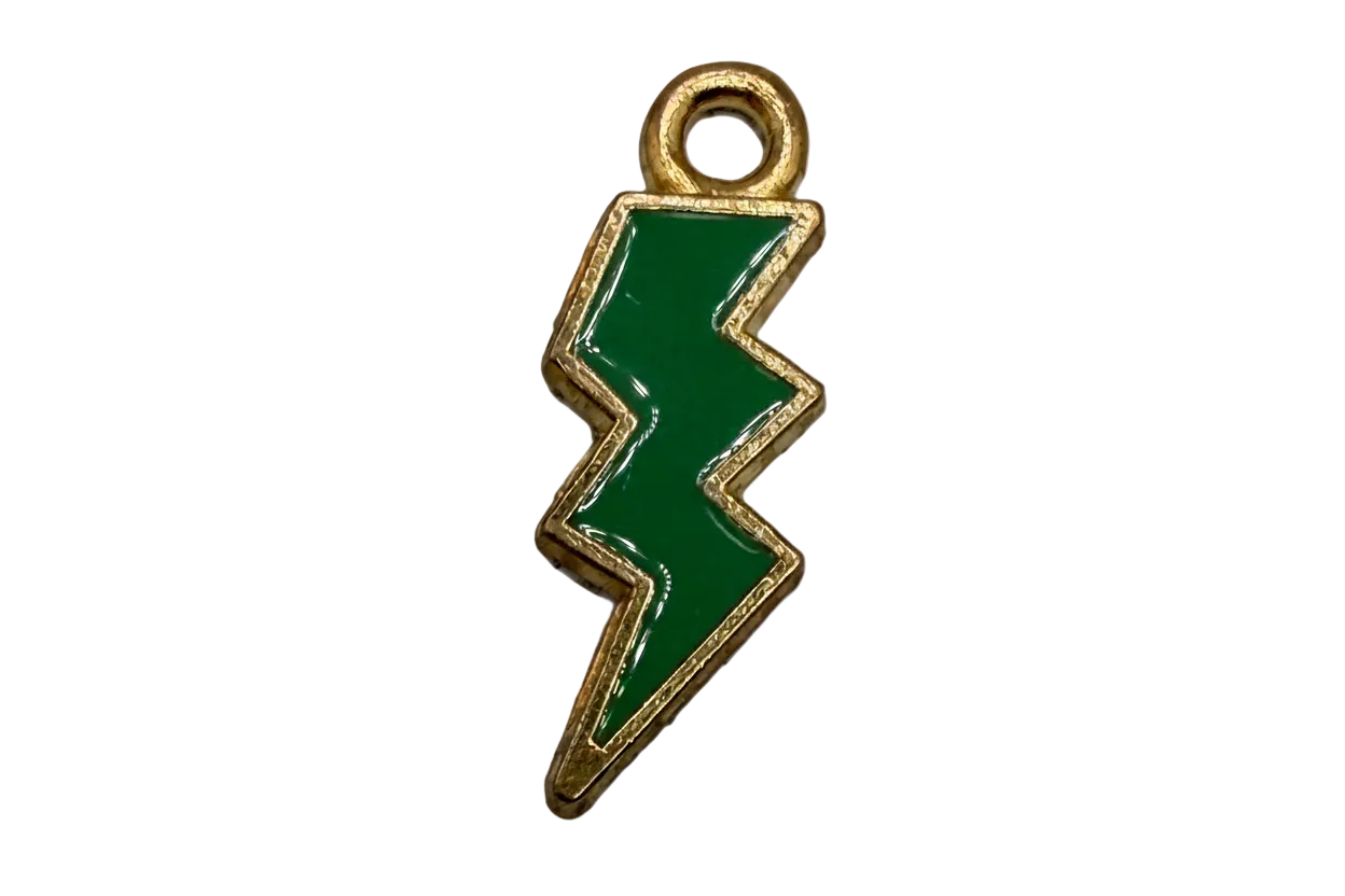 Emerald green lightning bolt charm with gold outline and glossy enamel finish