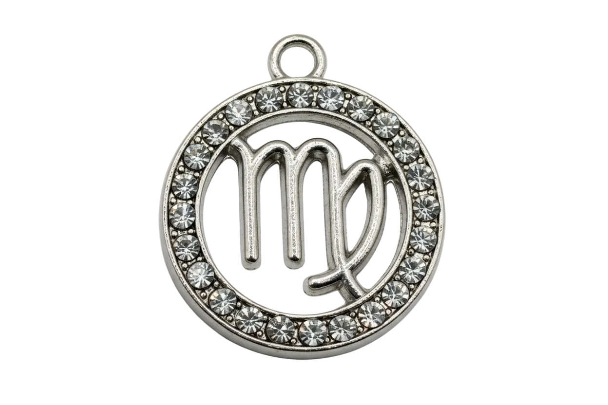 Antiqued silver Virgo zodiac disc with clear crystal border