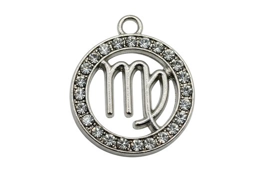 Antiqued silver Virgo zodiac disc with clear crystal border