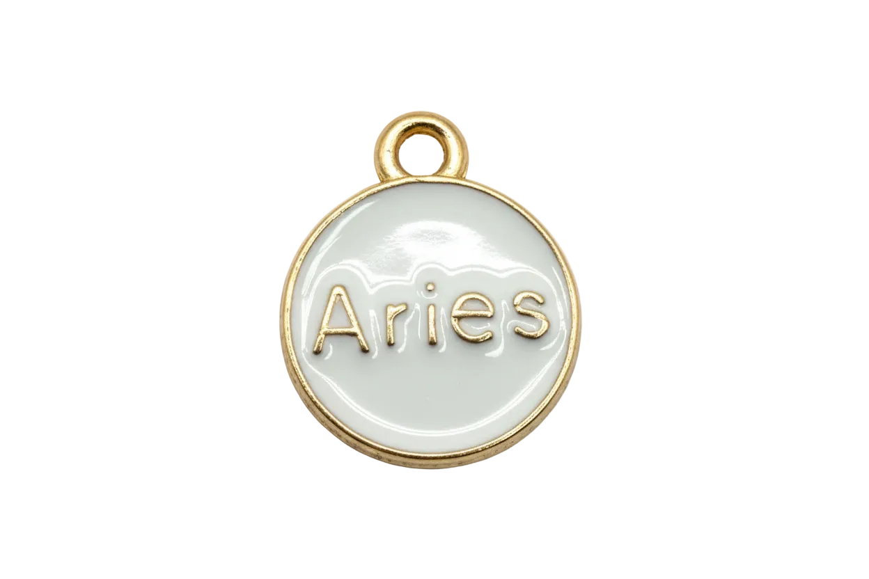 White round Aries zodiac disc with raised gold lettering and gold trim