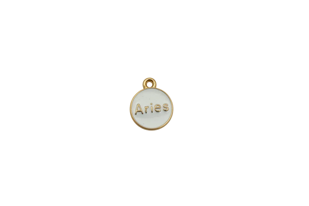 White Aries zodiac disc with raised gold lettering