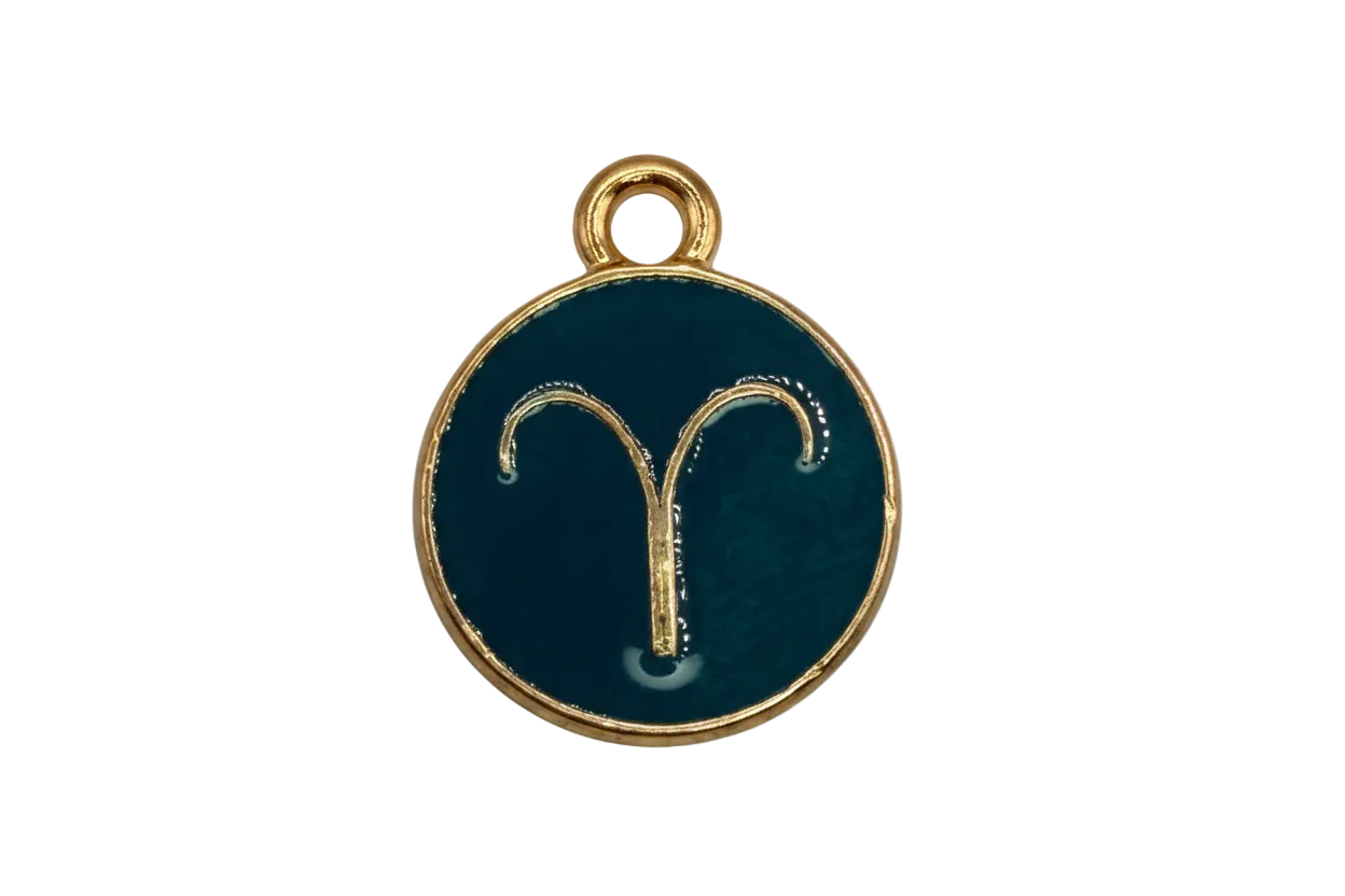 Deep teal round Aries zodiac disc with gold outline and small clear crystal accent