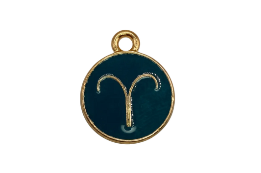Deep teal round Aries zodiac disc with gold outline and small clear crystal accent