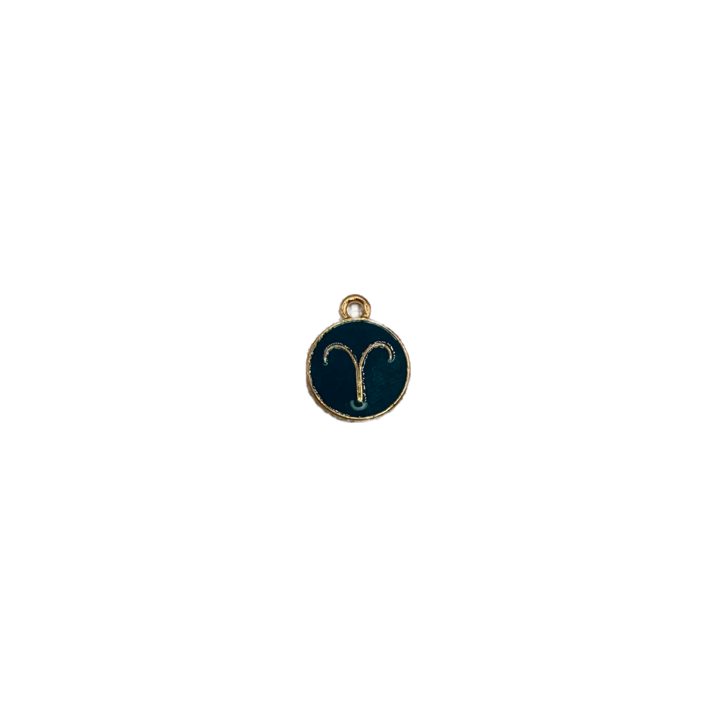 Teal Aries zodiac disc with gold outline and clear crystal