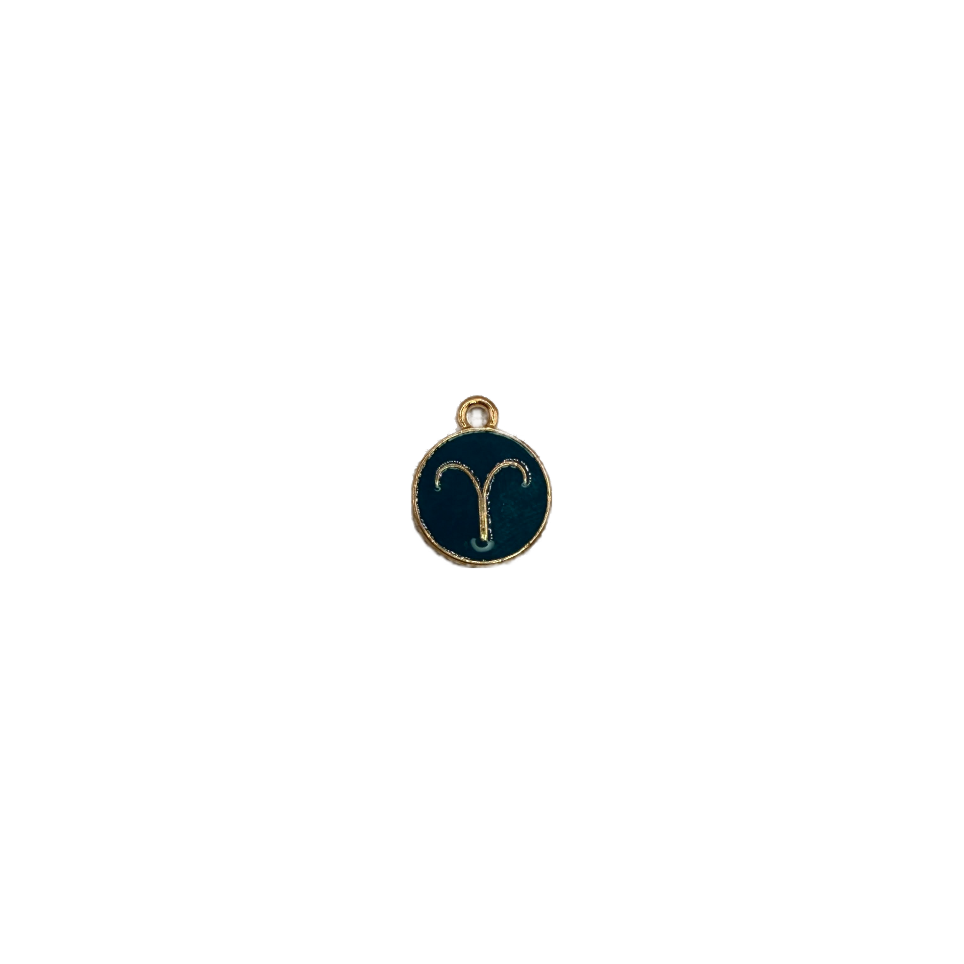Teal Aries zodiac disc with gold outline and clear crystal