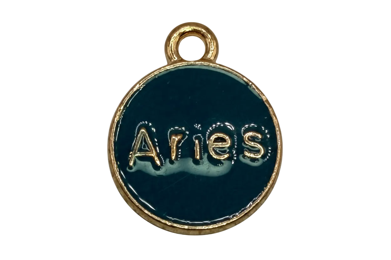 Round navy enamel Aries zodiac disk with raised gold lettering