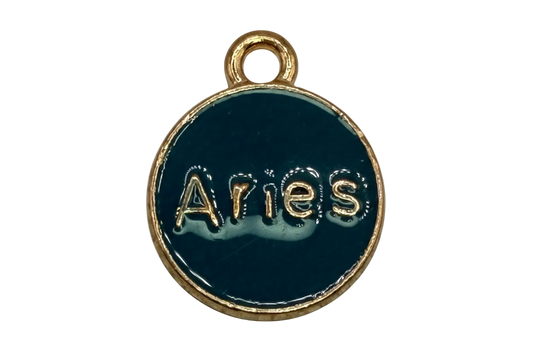 Round navy enamel Aries zodiac disk with raised gold lettering