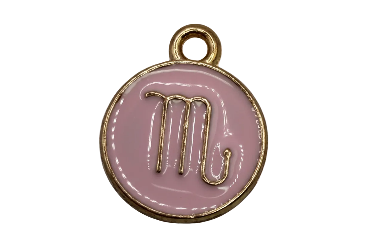 Round blush pink enamel disc with raised gold script letter M and gold rim