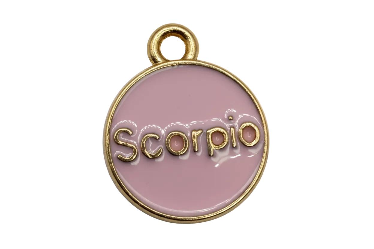 Lavender round Scorpio zodiac disc with raised gold lettering and gold edge