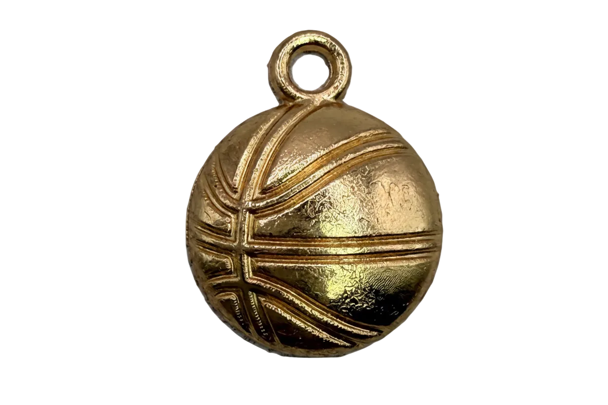 Textured gold basketball charm with raised channel lines and polished finish