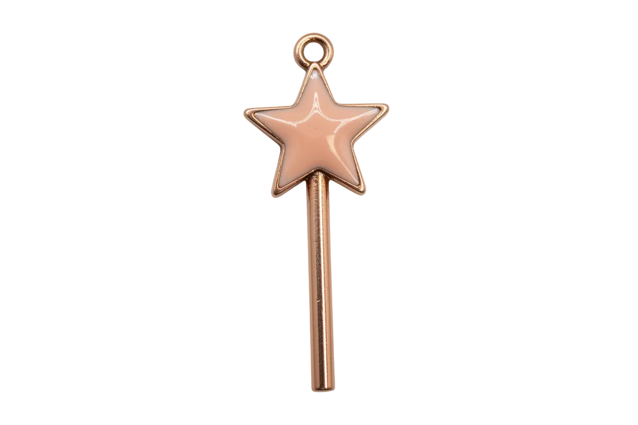 Blush pink star wand charm with glossy enamel and gold edging