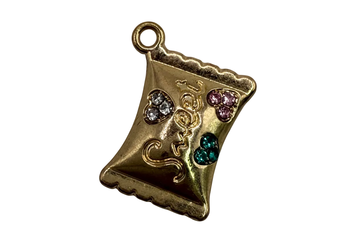 Gold pennant charm engraved “Sweet” with heart-shaped crystal clusters in clear, green, and pink