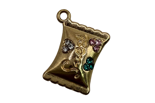 Gold pennant charm engraved “Sweet” with heart-shaped crystal clusters in clear, green, and pink