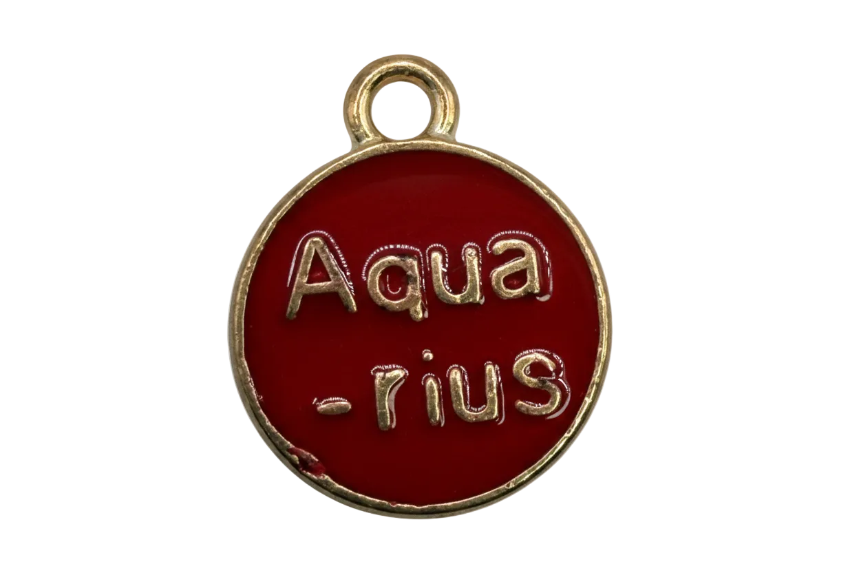Round glossy red enamel coin medallion with raised gold lettering and gold rim