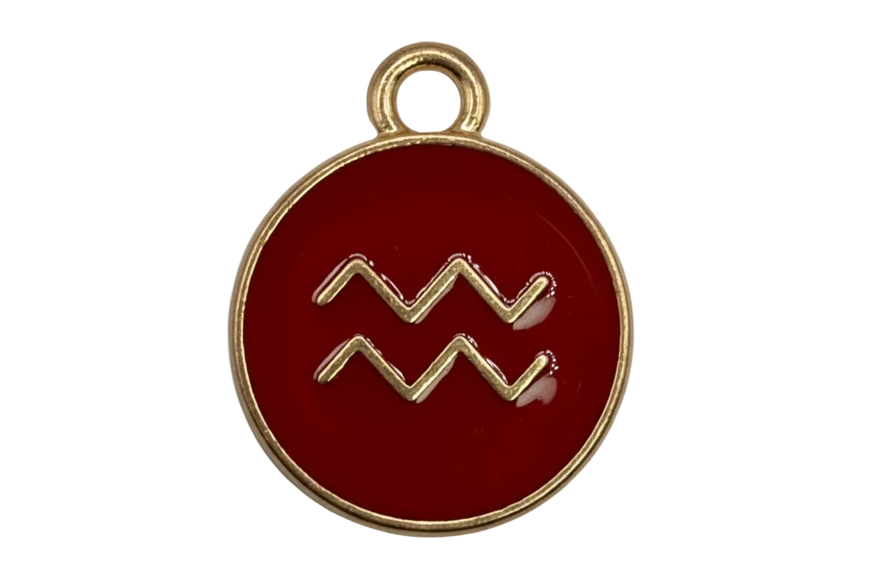 Glossy red round medallion with raised gold Aquarius zodiac symbol and gold border