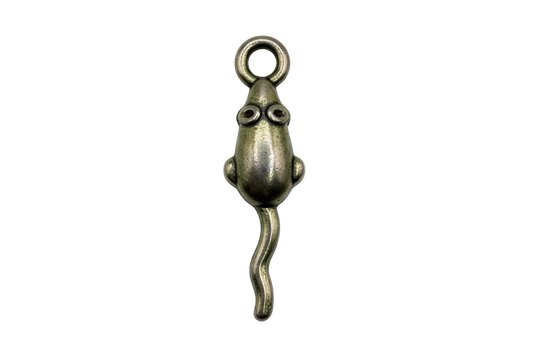 Silver tadpole-shaped charm with rounded body, long tail, and subtle antiqued finish on black background