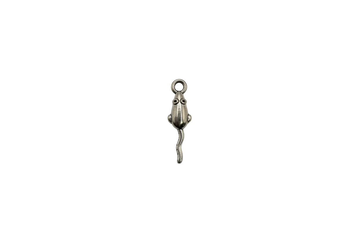 Silver tadpole charm with long tail and antiqued finish