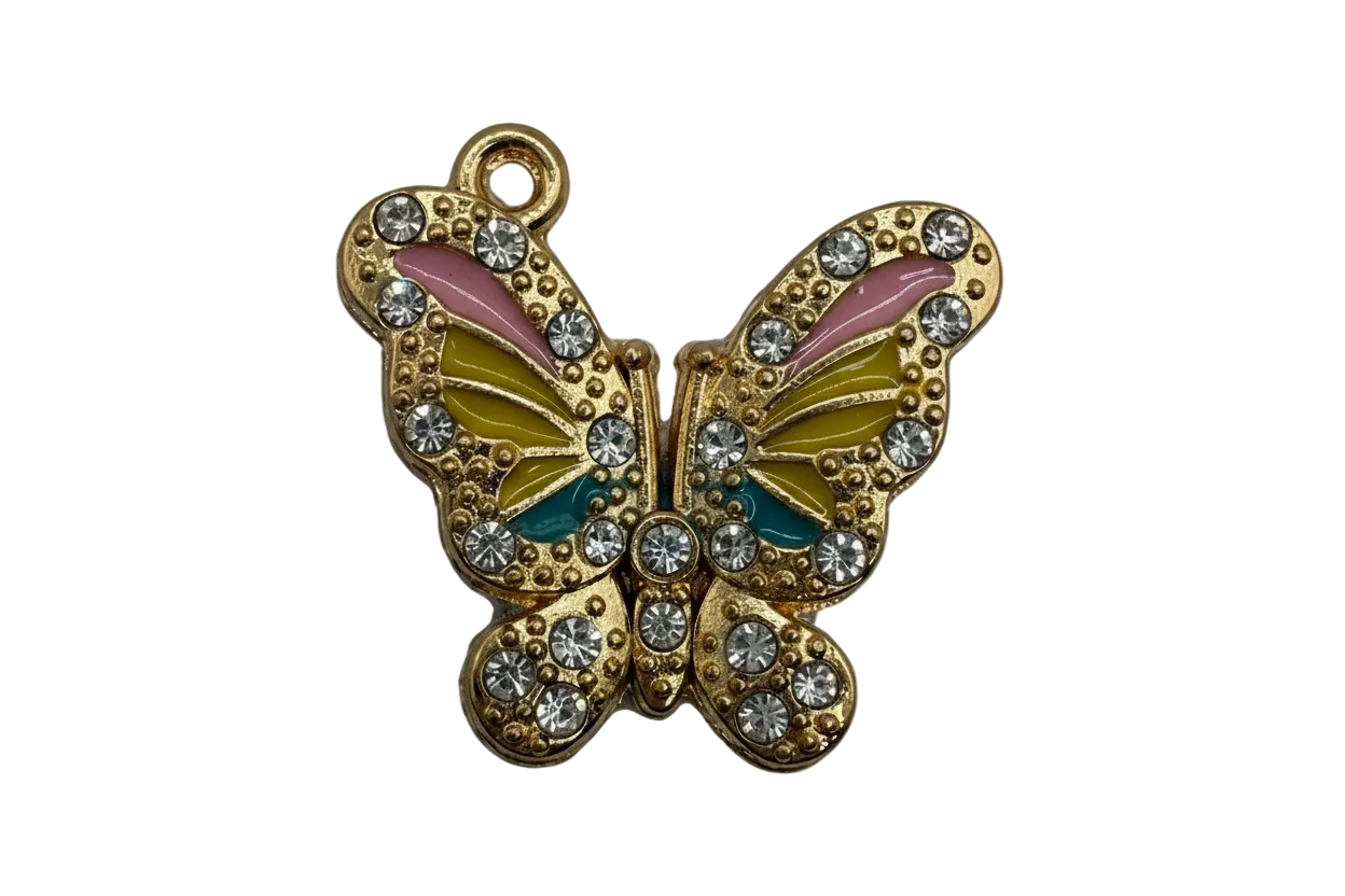 Gold butterfly charm with teal, olive, and pink enamel and clear crystal accents