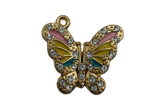 Gold butterfly charm with teal, olive, and pink enamel and clear crystal accents