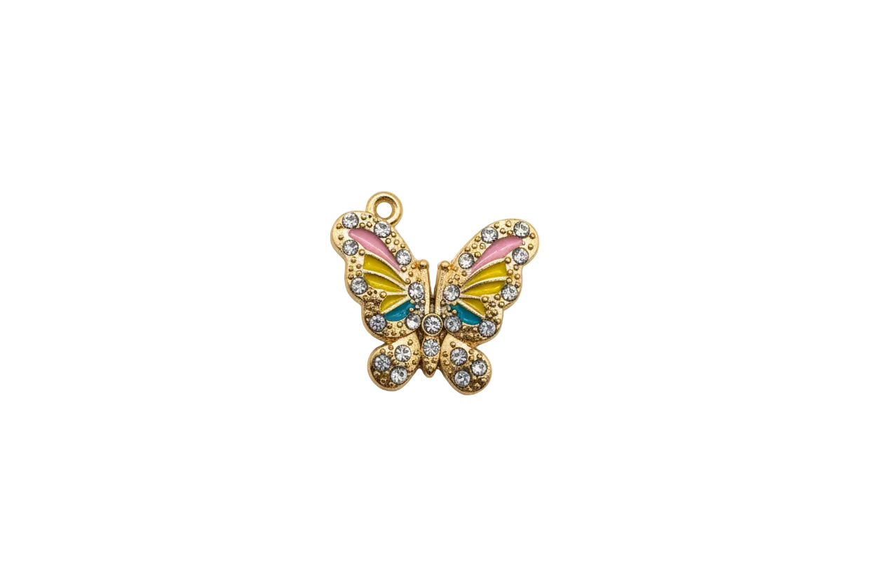 Gold butterfly with enamel wings and clear crystals