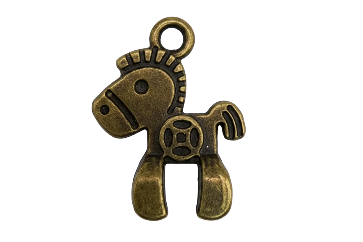 Antique-style gold rocking horse charm with oxidized black detailing