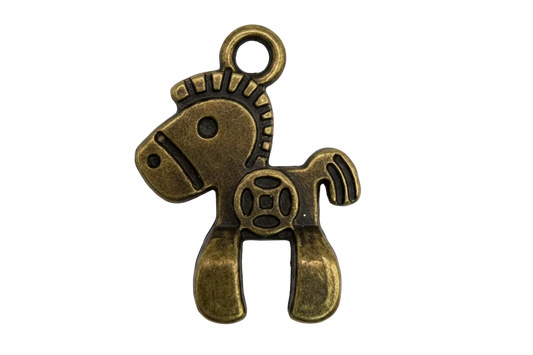 Antique-style gold rocking horse charm with oxidized black detailing