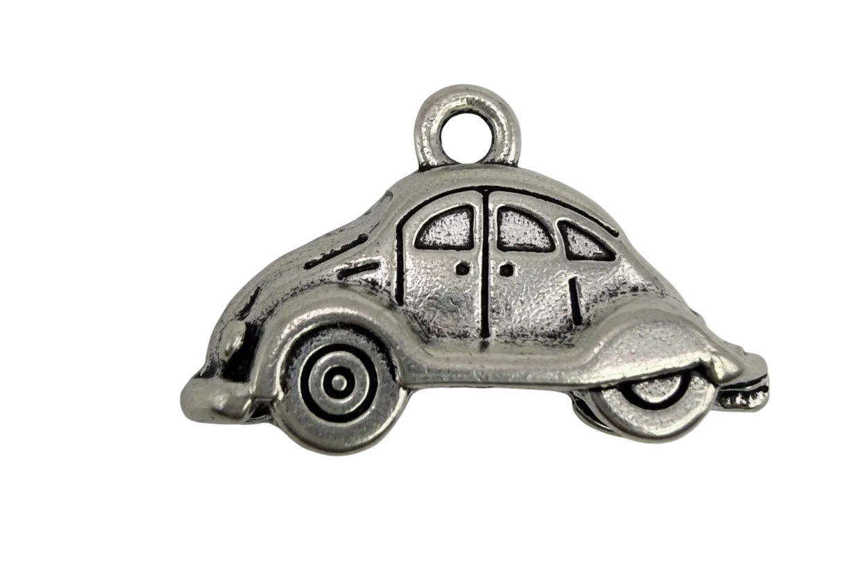 Antiqued silver vintage car silhouette with engraved window and wheel details