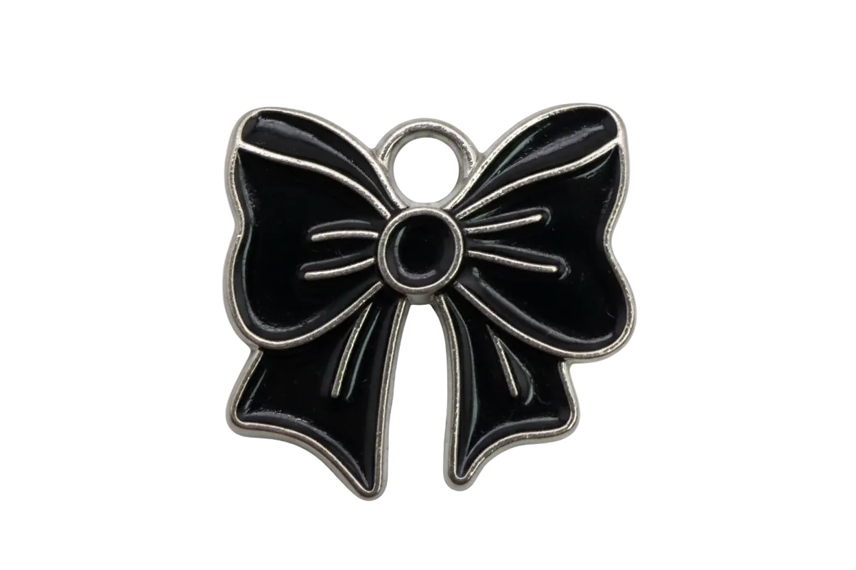 Glossy black flower charm with silver-tone outline and small white cabochon accent