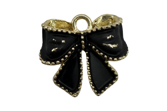 Glossy black bow charm with beaded gold edging