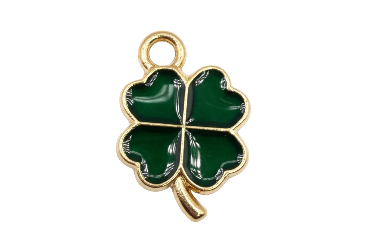 Glossy dark green four-leaf clover charm with gold outline