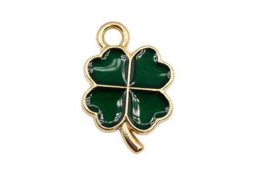 Glossy dark green four-leaf clover charm with gold outline