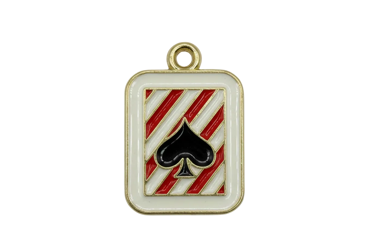 Gold-framed enamel envelope with red and white diagonal stripes and black seal motif