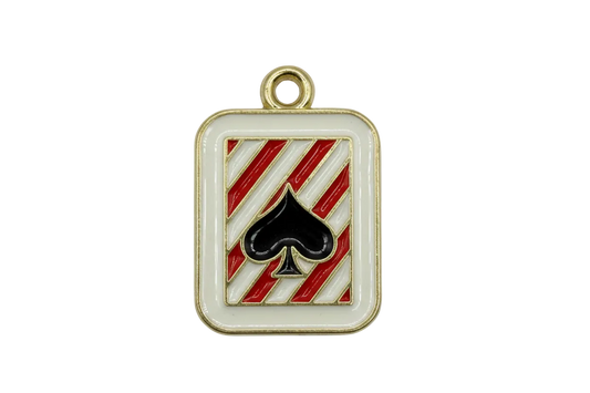 Gold-framed enamel envelope with red and white diagonal stripes and black seal motif